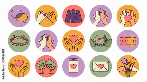 Set of colorful handdrawn icons representing community support and connection.