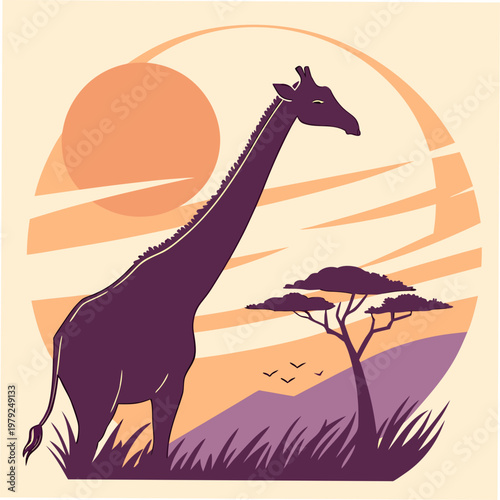 Vibrant giraffe silhouette, African savannah landscape, orange sunset, purple hues, vector illustration