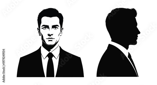 A striking black and white illustration depicts a man s face and profile in bold contrast a dramatic silhouette high quality professional