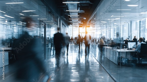 Motion Blur Corporate Hallway of Business People Walking Modern Interior