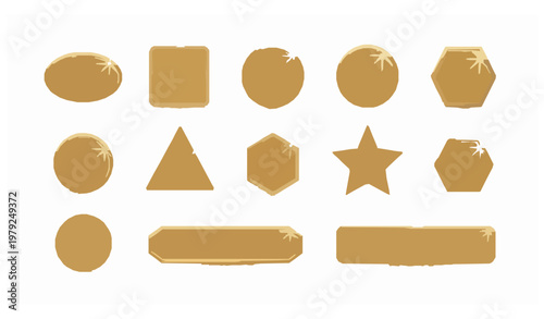 Luxury golden geometric button set with glossy frames and shine effect vector illustration