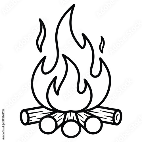 A black line drawing of a campfire with flames rising from logs