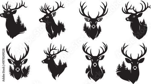 Collection of deer silhouettes with various antler styles and expressions