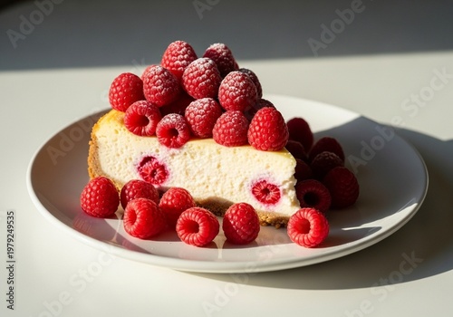 A slice of cheesecake with raspberries on top