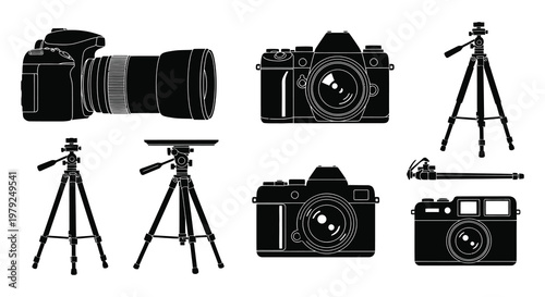 An assortment of photography equipment including cameras and tripods is depicted in a striking black silhouette high quality professional detailed modern