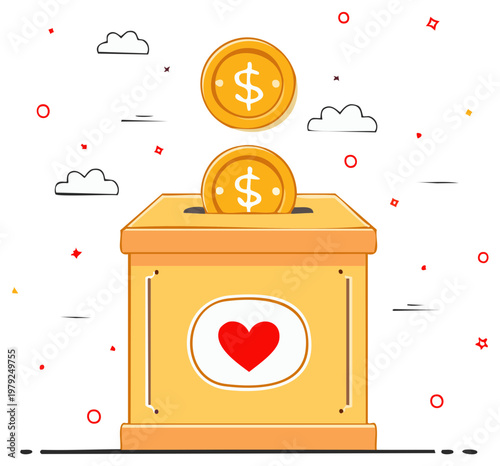 Animated charity box with money and heart, for fundraising and donations.