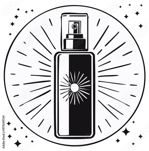 Sunscreen spray bottle with radiating sunburst and sparkles, cosmetic care concept