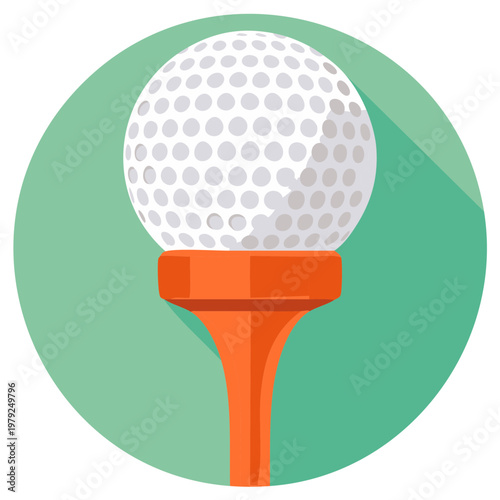 Close-up of a dimpled golf ball resting on an orange tee, presented in a flat design with long shadow