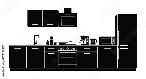 A modern kitchen scene depicted in a stark black and white style showcasing appliances and cabinetry silhouette high quality professional