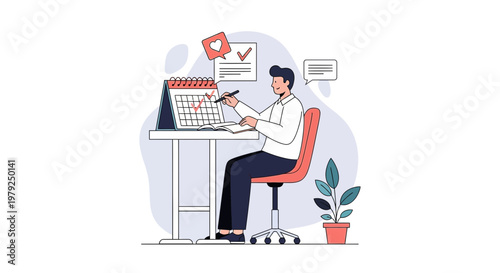 Man planning schedule on calendar, working at desk with plant and notifications