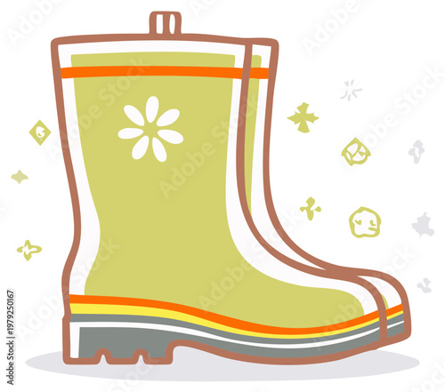 Whimsical green rain boot with charming flower pattern ideal for gardening and outdoor play