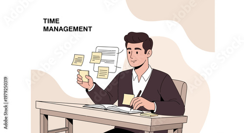 Man organizing tasks with sticky notes, time management concept, planning, productivity