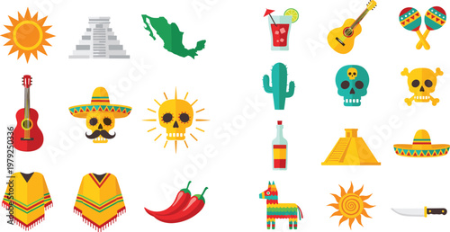 Set of Mexican Cultural Icons Including Guitars, Cactus, Skulls, Sun, Chili, and Piñatas for Fiesta and Celebration Designs