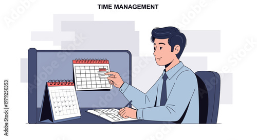Man organizing schedule on calendar, time management concept illustration