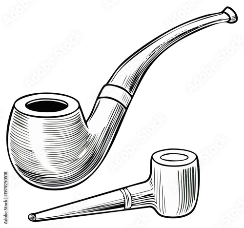 Engraved illustration of classic smoking pipes, wood grain texture, black and white drawing