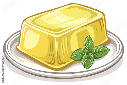 Golden pudding dessert with fresh green herbs resting on a simple plate graphic food illustration appetizing meal