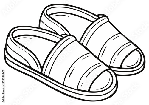 Black and white line art illustration of a comfortable pair of casual slip-on slippers or sandals for relaxation