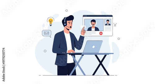 Man in Video Call with Colleagues, Online Meeting and Remote Work Concept