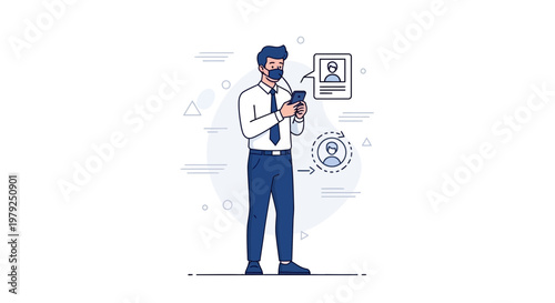 Man in Mask Using Smartphone for Contact Tracing or Social Distancing App