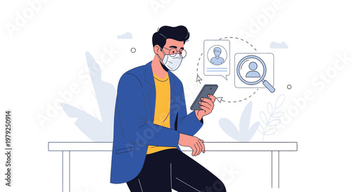 Man in Mask Using Smartphone for Job Search or Recruitment Online