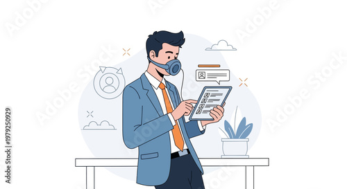Man in Mask Using Tablet, Business and Technology Concept