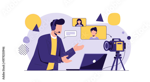 Man hosting online meeting with video conference and camera, remote work concept