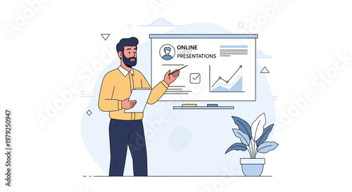 Man giving online presentation, pointing at graph on whiteboard, business meeting concept