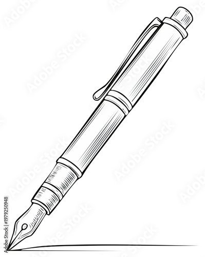 Line art illustration of a fountain pen with ink nib and clip
