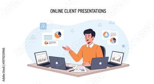 Man giving online client presentation with laptops and charts