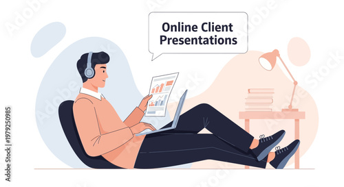 Man giving online client presentation with laptop and documents, remote work concept