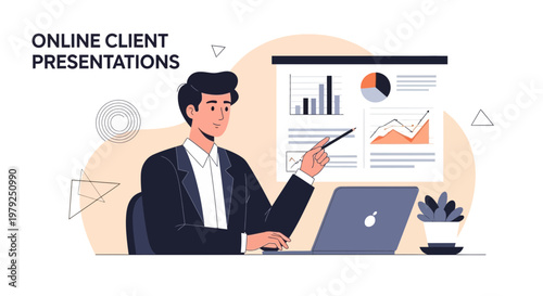 Man giving online client presentation with charts and laptop
