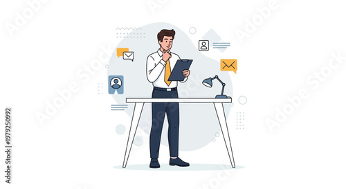 Man in office attire contemplating business strategy with digital icons and desk setup.