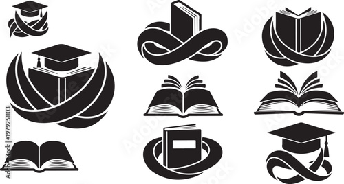 Education icons set with graduation caps and books symbols