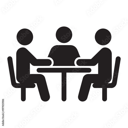 Business meeting icon with three people sitting at a table, professional team collaboration symbol, black silhouette vector of office conference