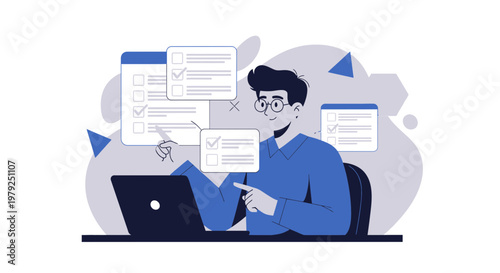 Man Completing Tasks on Laptop, Checklist Concept, Business Workflow Illustration