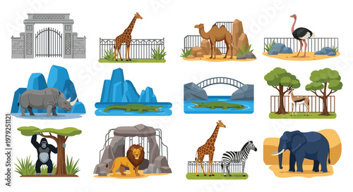 "Zoo Animals and Enclosures Set Featuring Giraffe, Lion, Rhino, Elephant, and More for Animal, Wildlife, and Education Design Projects"
