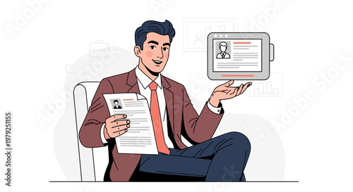 Man in Suit Presents Resume and Digital Profile for Job Interview