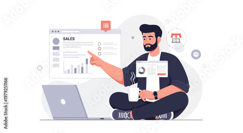 Man analyzing sales data on laptop, pointing at screen, modern flat design