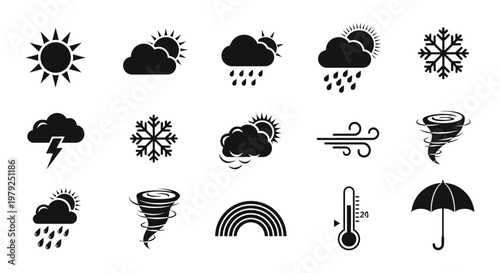 A collection of black weather icons depicting sun clouds rain snow and wind presented as a silhouette high quality professional detailed
