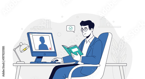 Man in Suit Reading Book at Desk with Computer and Video Call