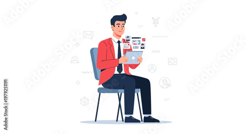 Man in suit using tablet with social media profiles, online networking concept