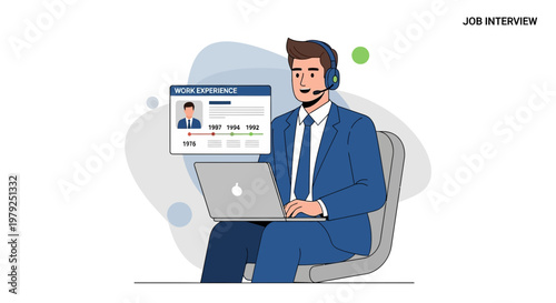 Man in suit with headset on laptop, online job interview, resume on screen