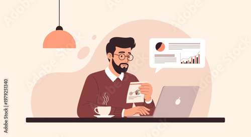 Man analyzing charts and graphs on laptop and paper, working remotely with coffee