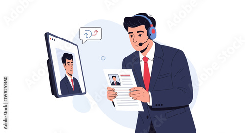 Man in Suit with Headset Reviews Resume During Video Call Interview