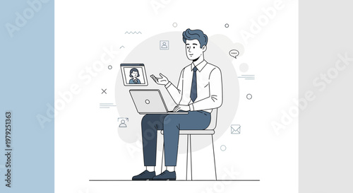Man in Video Call on Laptop, Online Communication, Remote Work Concept