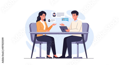 Job Interview: Woman and Man Discussing Resumes and Candidates Online