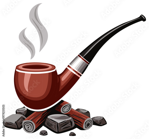 Smoking pipe illustration with smoke, logs, and stones. Vector design.