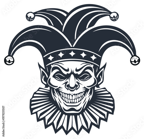 Sinister evil jester head with a maniacal grin in a monochrome vector style