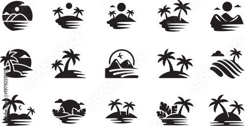 Tropical Island Silhouette Icons Set for Travel and Vacation Concepts