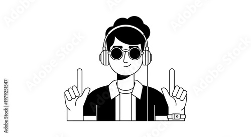 Person with headphones pointing upwards monochrome illustration